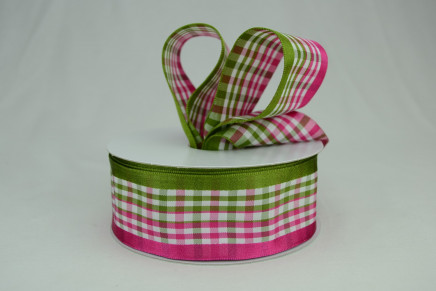Center Striped Check with Satin Edge Moss & Shocking Pink