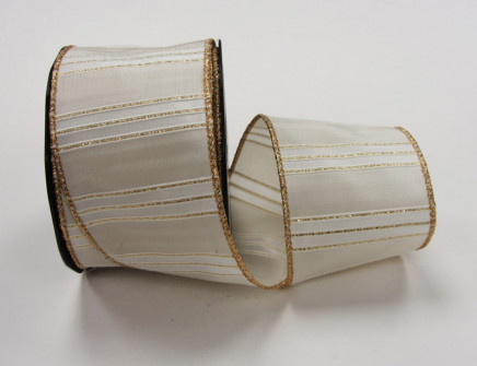 Ivory with Gold Edge 2-1/2" 10yd Wired Metallic Shadow Stripe Taffeta Ribbon