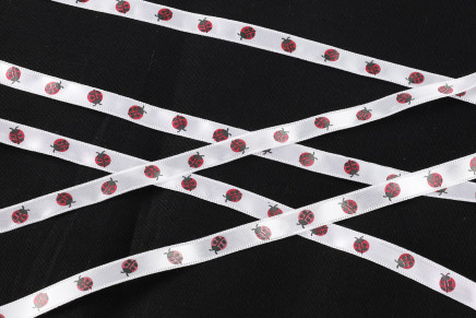 Single Face Satin Ladybugs Printed Ribbon White