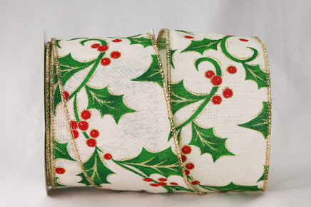 Holly Berries with Green Leaves Wired Edge Taffeta Ribbon White / Green / Red / Gold