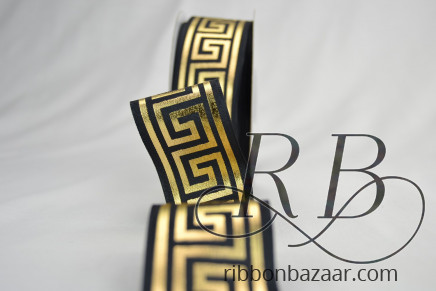 Wired Metallic Greek Key Ribbon Black (Gold Print)