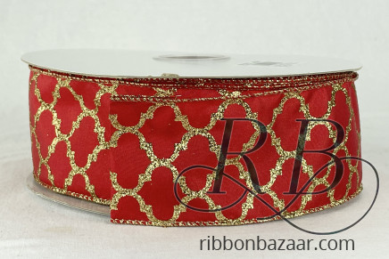 Wired Taffeta Ribbon with Gold Trellis Pattern Red
