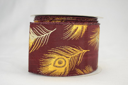Wired Peacock Feather Ribbon Burgundy