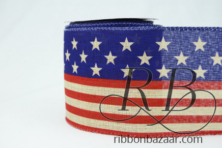 Wired American Flag Solid Ribbon Red, Natural & Blue