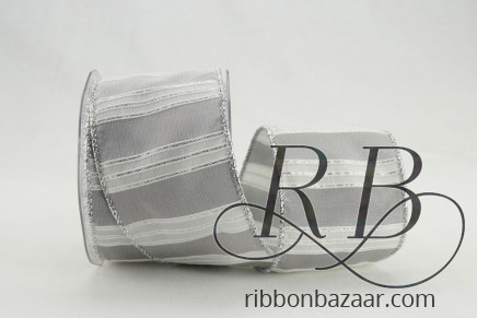 Wired Metallic Shadow Stripe Taffeta Ribbon Pewter