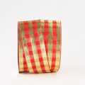 Wired Woven Edge Taffeta Check Ribbon with Horizontal Metallic Stripes Red and Gold