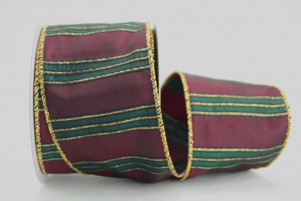 Hunter Burgundy with Gold Edge 1-1/2" 10yd Wired Metallic Shadow Stripe Taffeta Ribbon