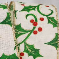 Holly Berries with Green Leaves Wired Edge Taffeta Ribbon