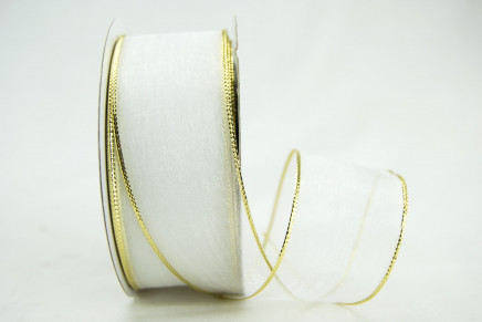 White with Gold Edge 1-1/2" 25yd Wired Metallic Edge Organza