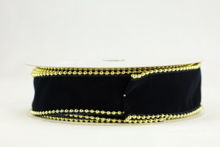 Wired Pearl Edge Velvet Ribbon - Black (Gold Pearls) - 10 yards