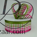 Center Striped Check with Satin Edge Moss & Shocking Pink