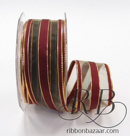 Wired Sheer Taffeta with Metallic Shadow Stripes Burgundy / Brown