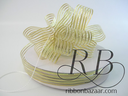 Mesh Pull Ribbon with Metallic Pencil Stripes Gold