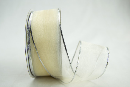 Ivory with Silver Edge 1-1/2" 25yd Wired Metallic Edge Organza