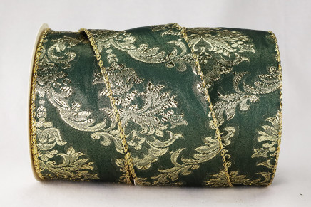 Wired Jacquard Baroque Pattern Ribbon  Green / Gold