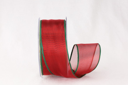 Red with Green Edge 1-1/2" 1yd Wired Woven Edge Metallic Sheer