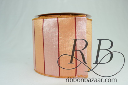 Wired Horizontal Striped Raw Silk Ribbon With Burgundy Pencil Stripes