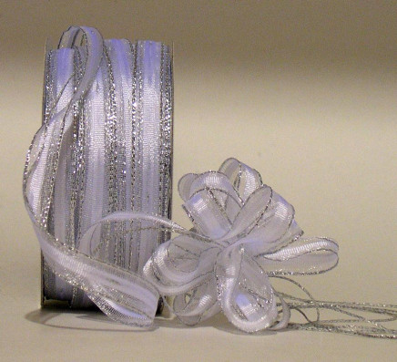 White with Silver Edge 3/8" 50yd Center Stripe Sheer Pull Ribbon