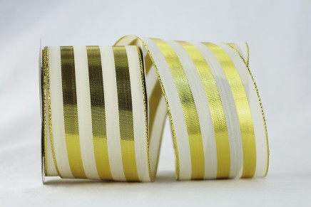 Wired Taffeta Ribbon with Metallic Stripes  Ivory/Gold