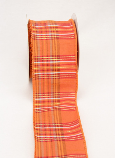 Wired Polyester Dupioni Metallic Plaid Ribbon Orange