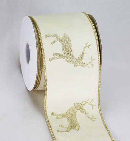 Ivory & Gold 4" Regal Reindeer Christmas Wired Ribbon 10yd
