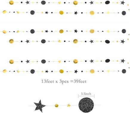Black & Gold  3-1/2" 39' Star Garland Banner Decor
