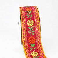 Vintage Rose Floral Ribbon - Burgundy Woven Trim with Yellow & Orange  Embroidered Flowers
