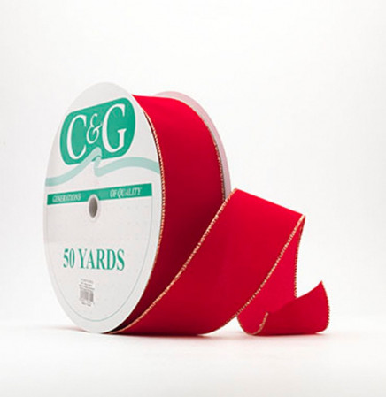 Red with Gold Edge 2-1/2" 50yd Waterproof Wired Velvet Ribbon – Outdoor-Ready for Wreaths & Garlands