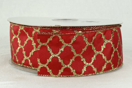 Wired Taffeta Ribbon with Gold Trellis Pattern Red