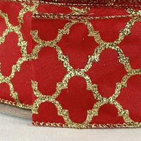 Wired Taffeta Ribbon with Gold Trellis Pattern