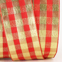 Wired Woven Edge Taffeta Check Ribbon with Horizontal Metallic Stripes